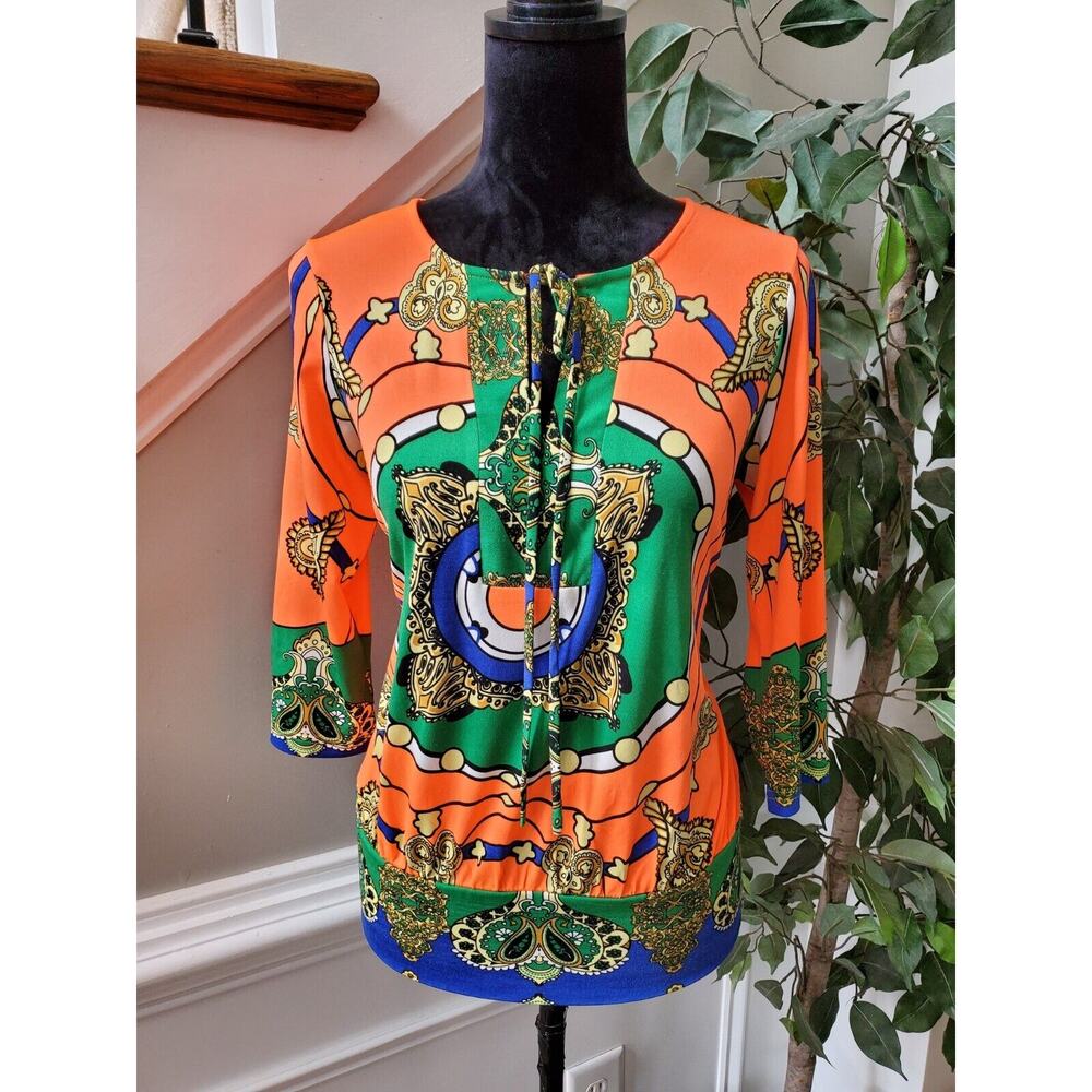 Joy*Joy Women's Multicolor Polyester Round Neck Long Sleeve Casual Blouse Size M